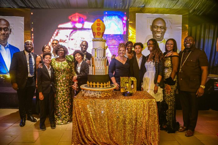 L-R: Edo State First Lady, Mrs. Betsy Obaseki; Edo State Governor, Mr. Godwin Obaseki, Bishop Faith Emmanuel Benson (FEB) Idahosa, and his wife, Laurie, during Bishop Idahosa’s golden jubilee celebration in Benin City.