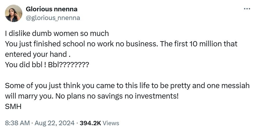 X User Slams Women Who Use N10M For BBL Instead Investing